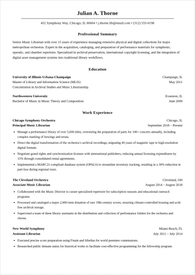 Free Music Librarian ATS Resume Template, AI Resume Builder