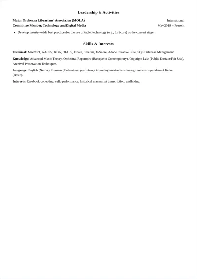 Free Music Librarian ATS Resume Template, AI Resume Builder