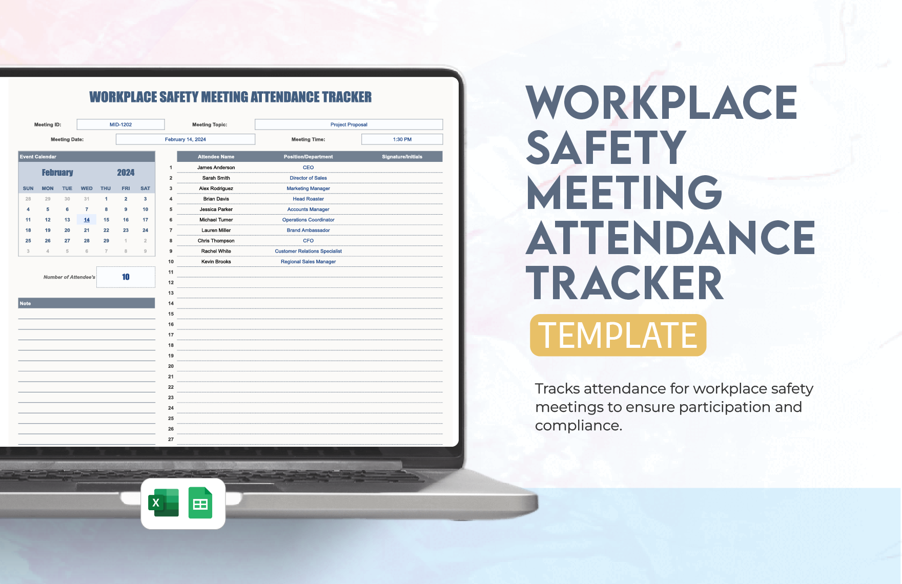Workplace Safety Meeting Attendance Tracker Template in Excel, Google Sheets