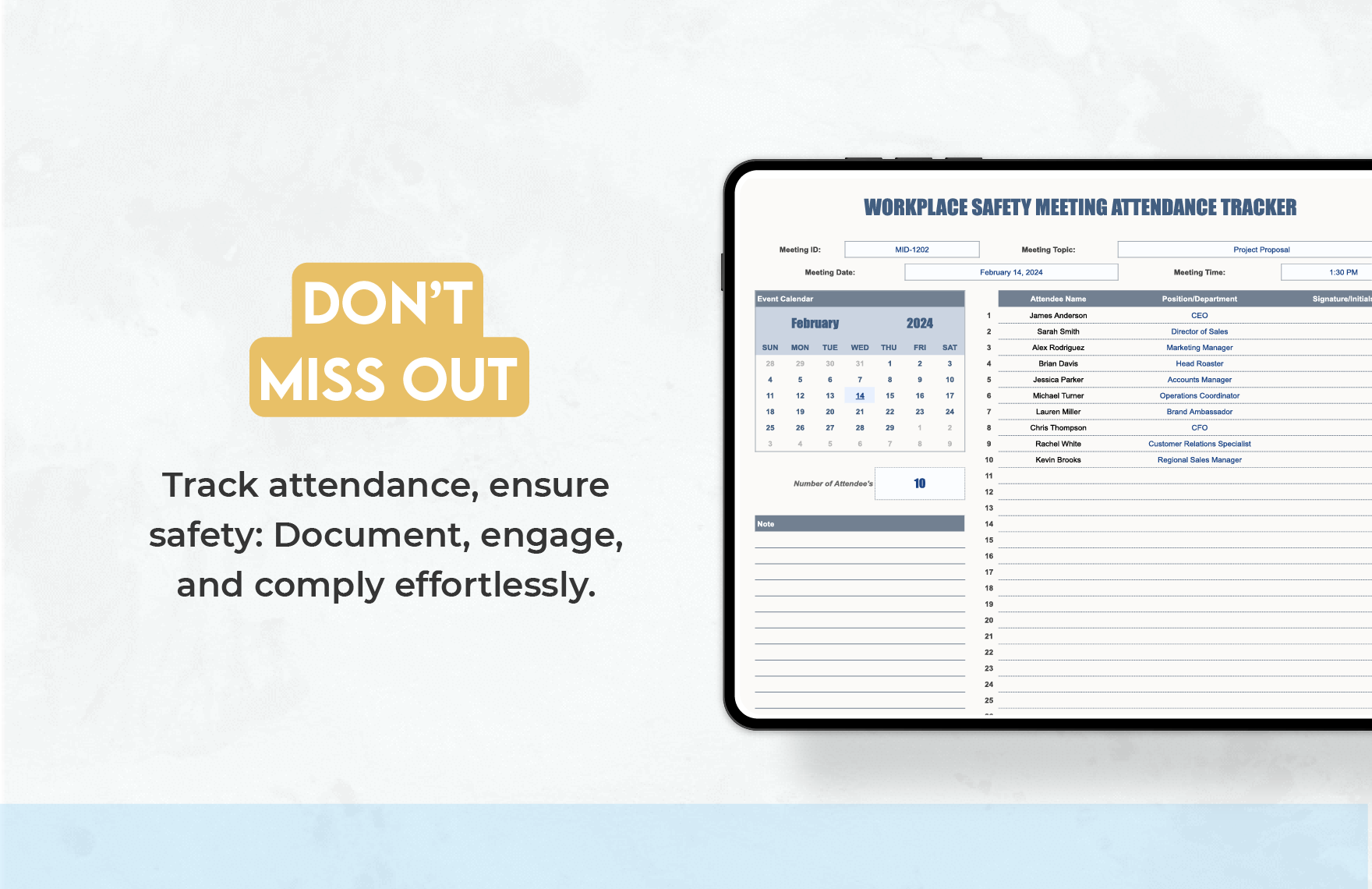 Workplace Safety Meeting Attendance Tracker Template
