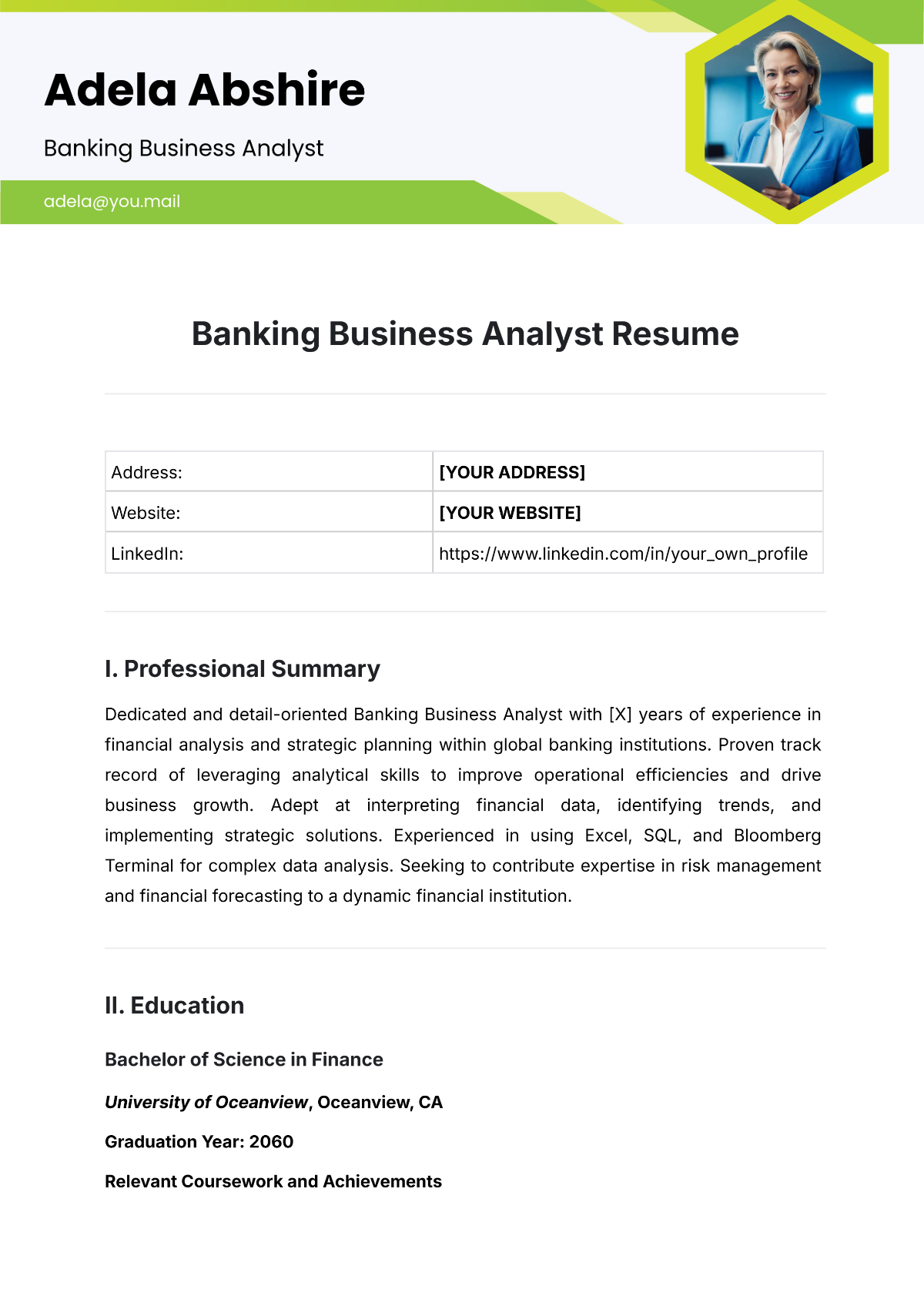 Banking Business Analyst Resume Template - Edit Online & Download