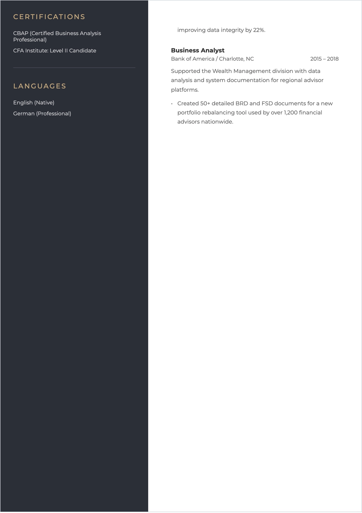 Free Banking Business Analyst ATS Resume Template, AI Resume Builder