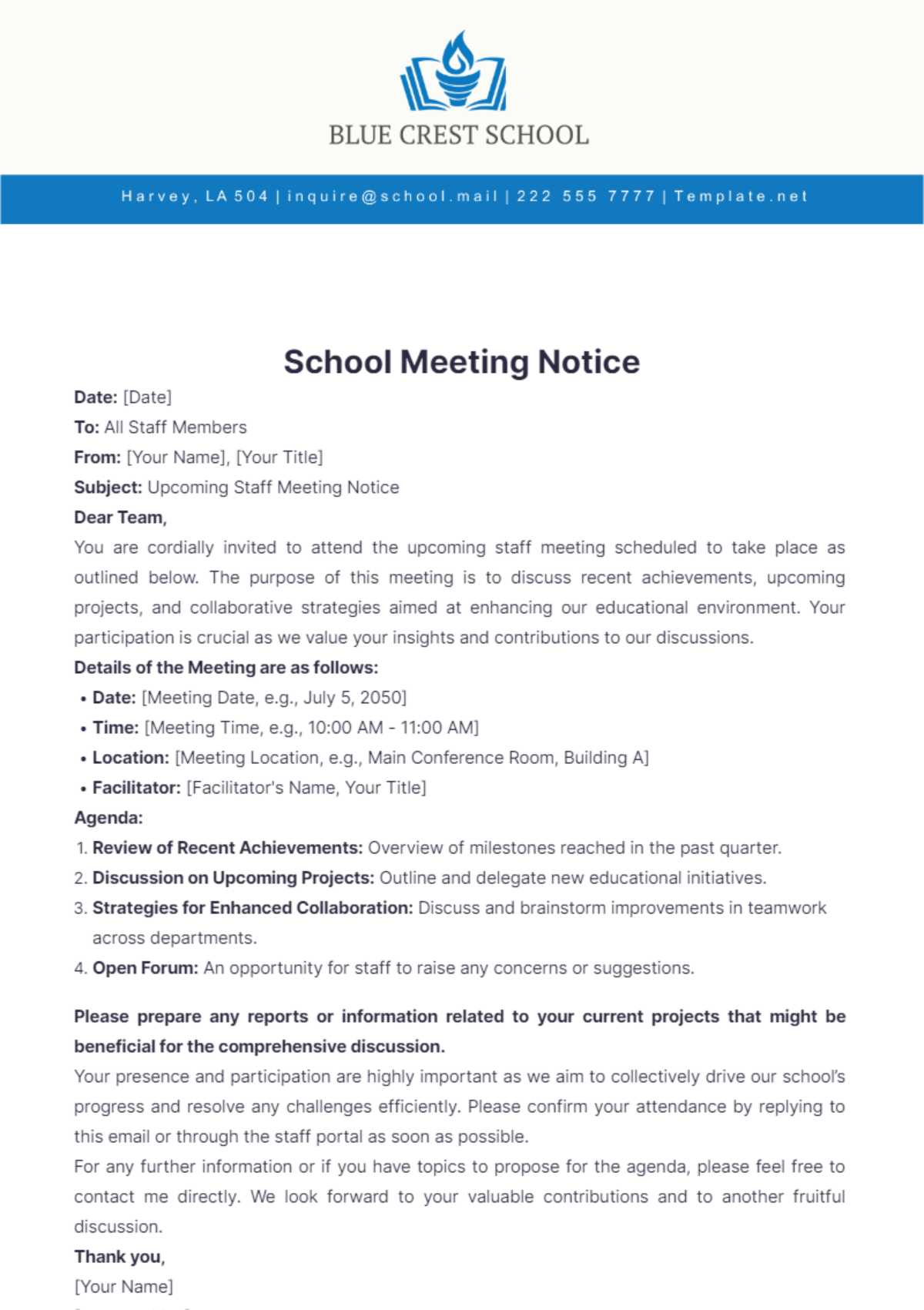 School Meeting Notice Template - Edit Online & Download