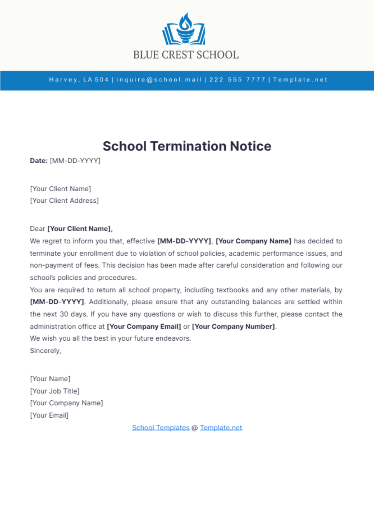 School Termination Notice Template