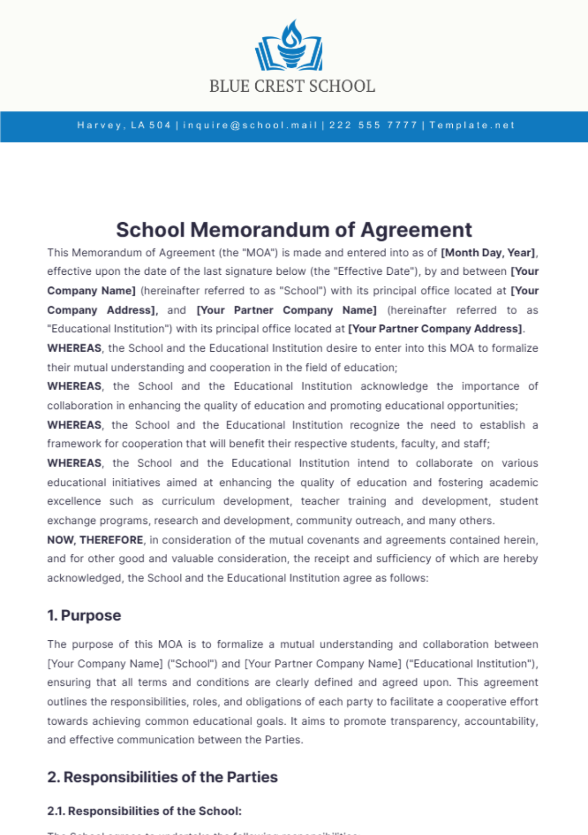 School Memorandum of Agreement Template