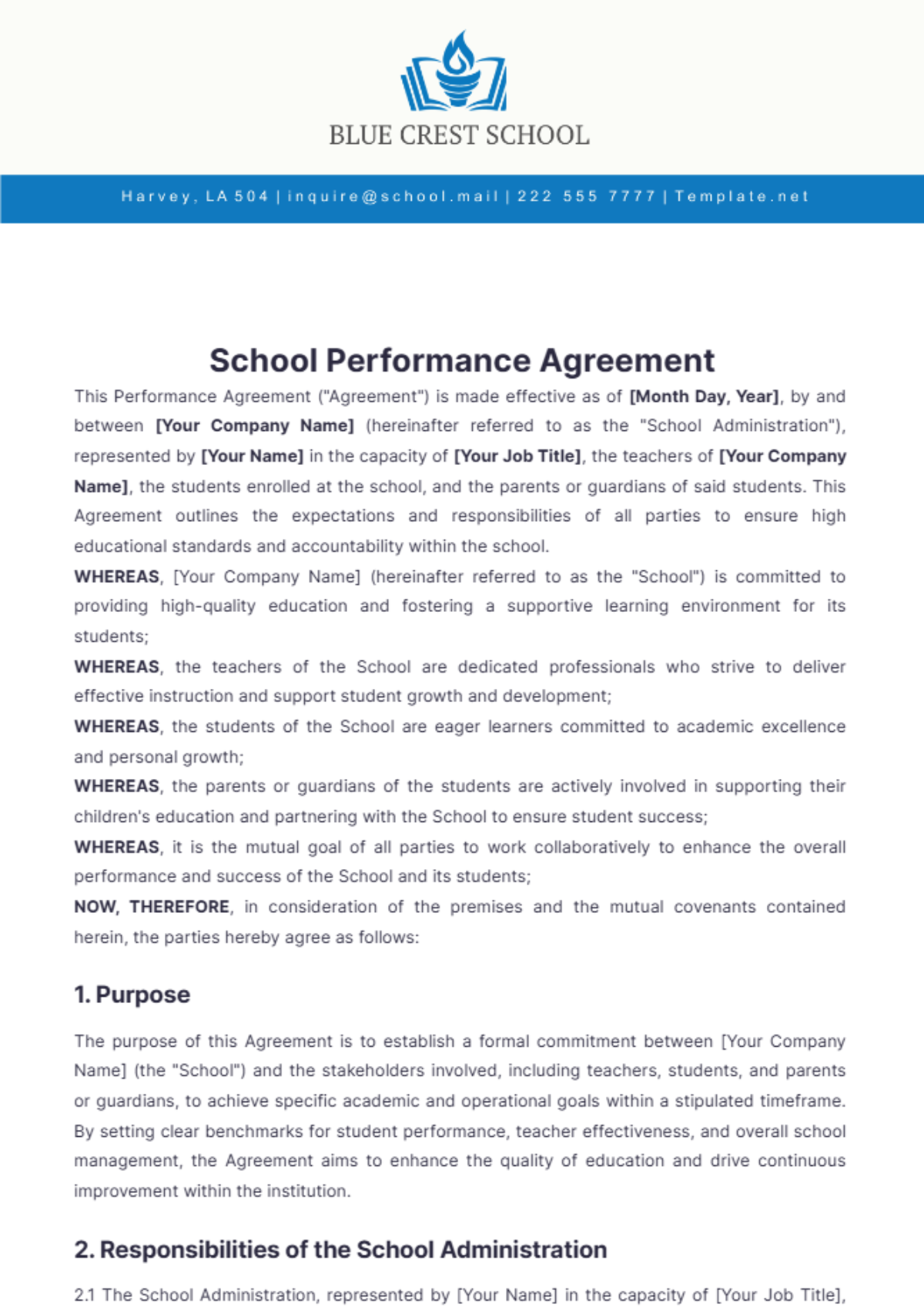 School Performance Agreement Template