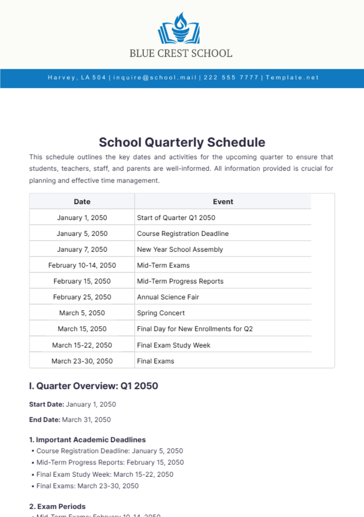 School Quarterly Schedule Template - Edit Online & Download