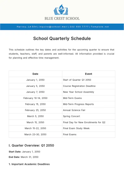 Free School Quarterly Schedule Template to Edit Online