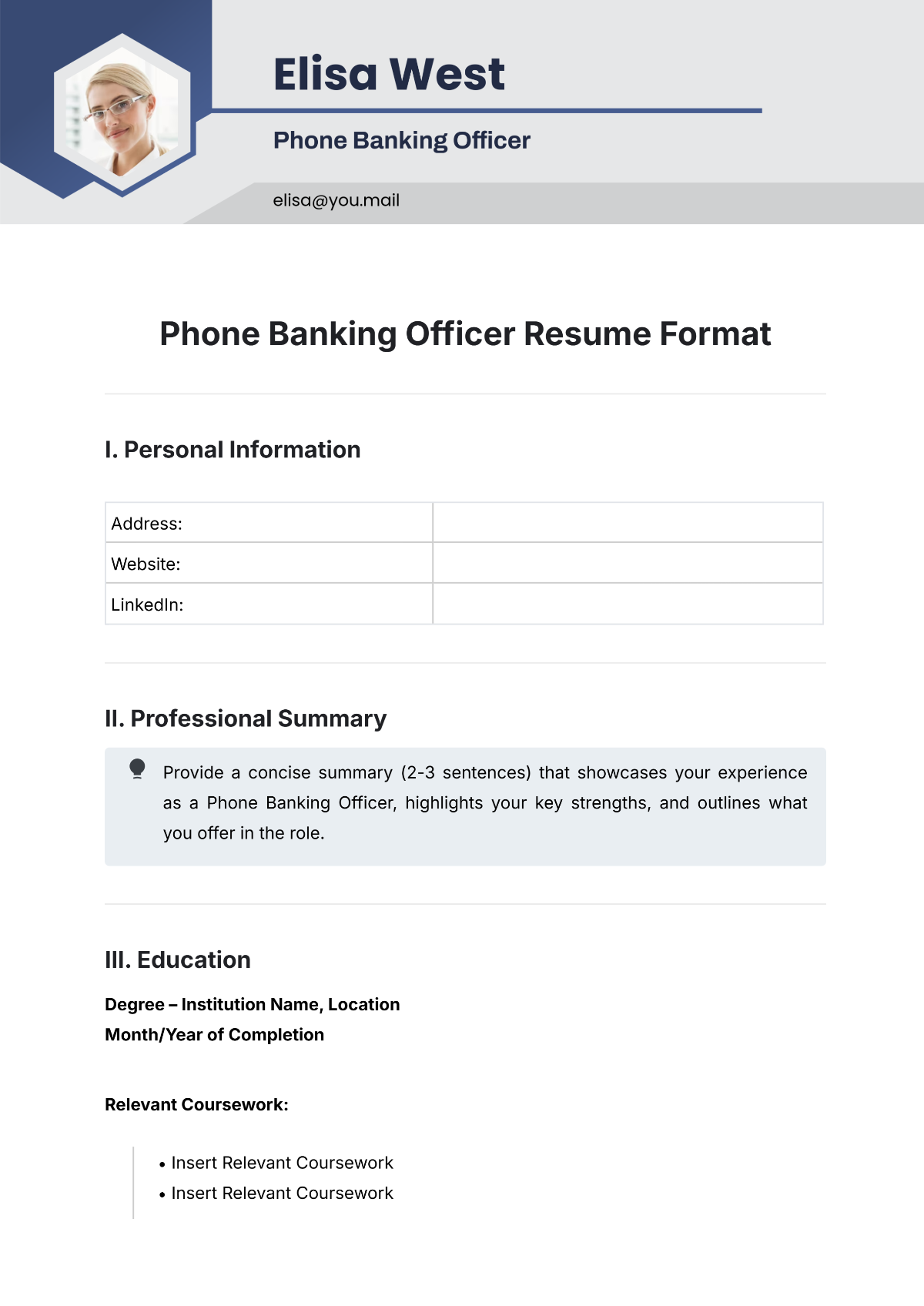 Phone Banking Officer Resume Format Template - Edit Online & Download