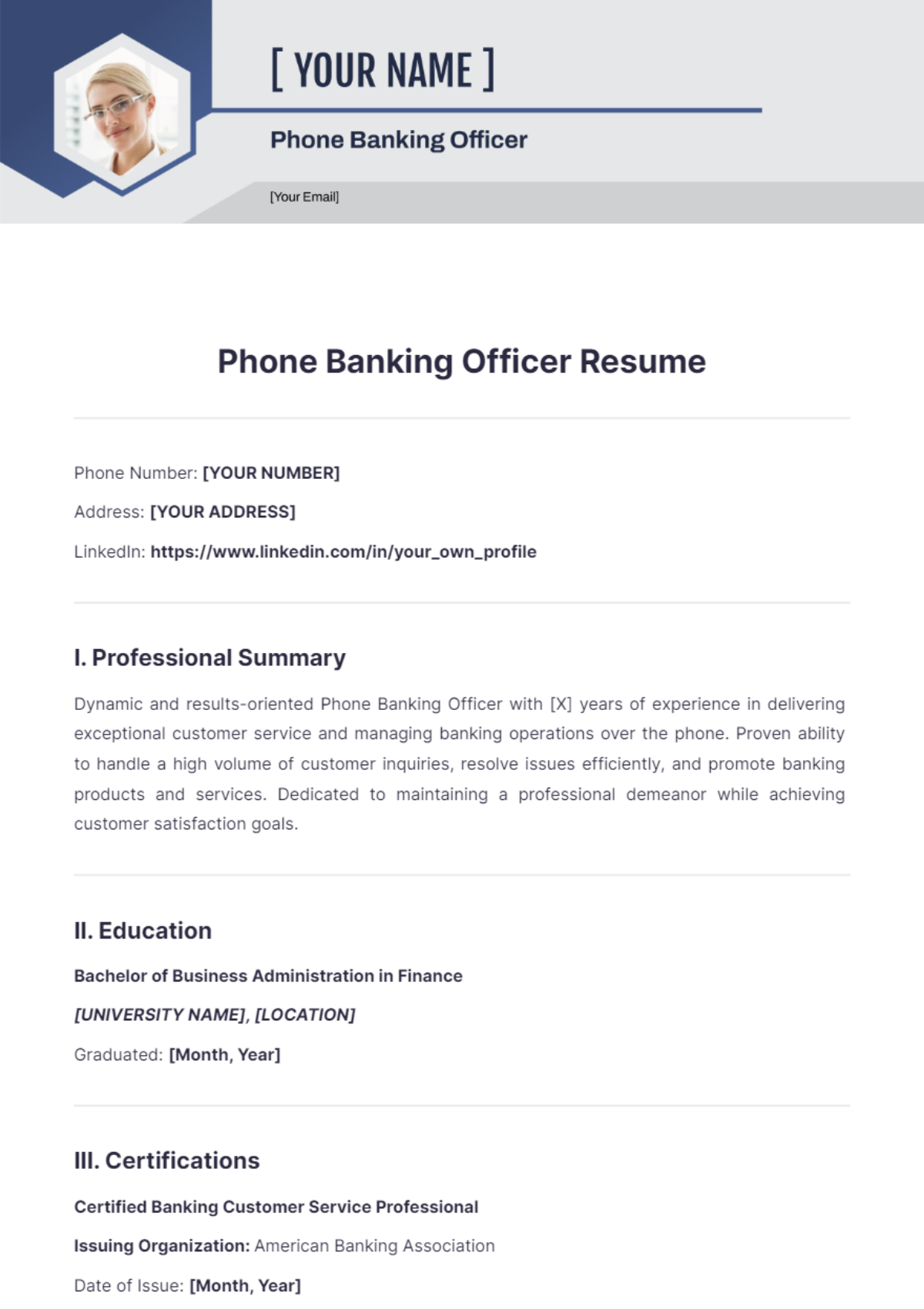 Free Phone Banking Officer Resume Template - Edit Online & Download ...