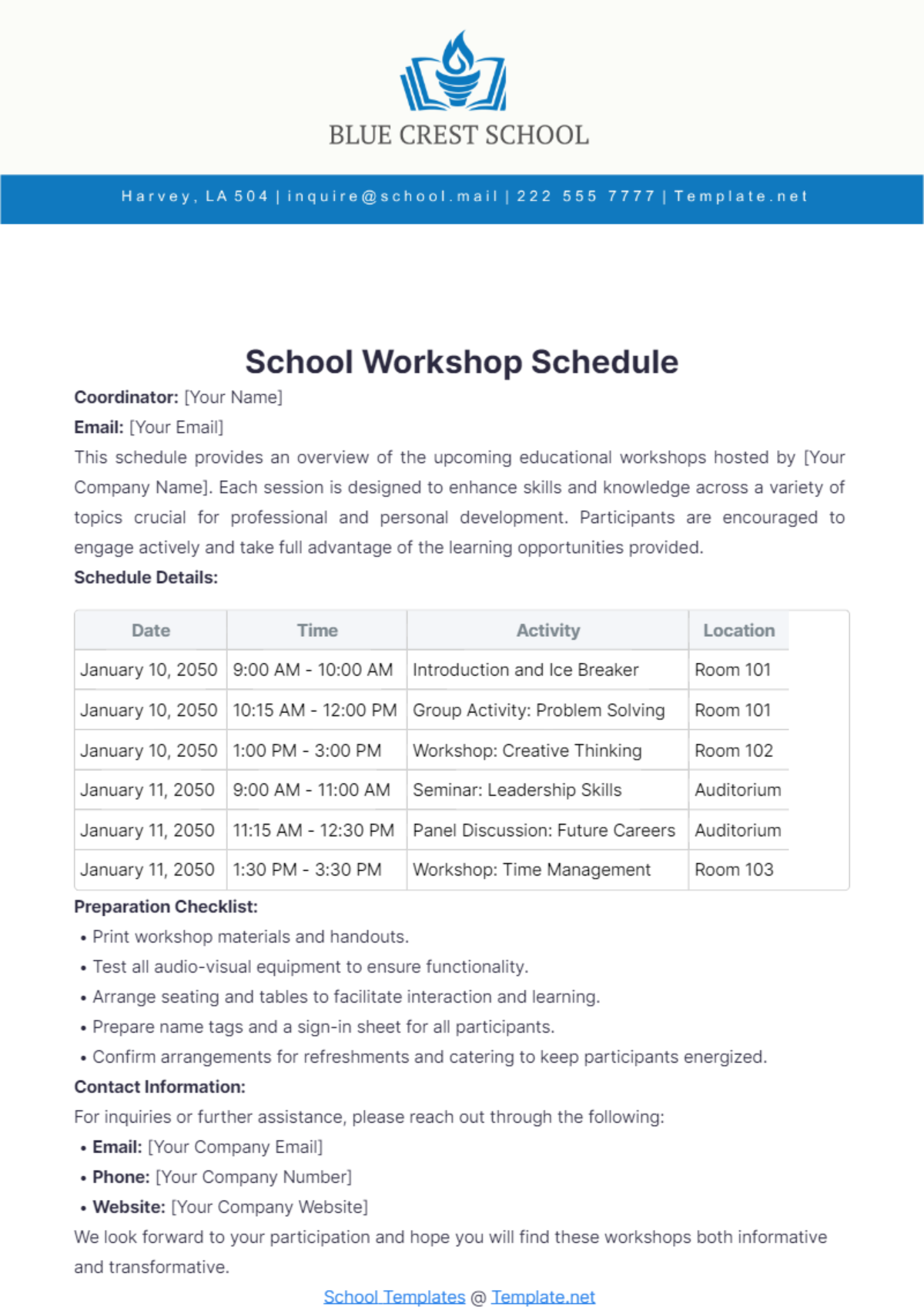 School Workshop Schedule Template - Edit Online & Download