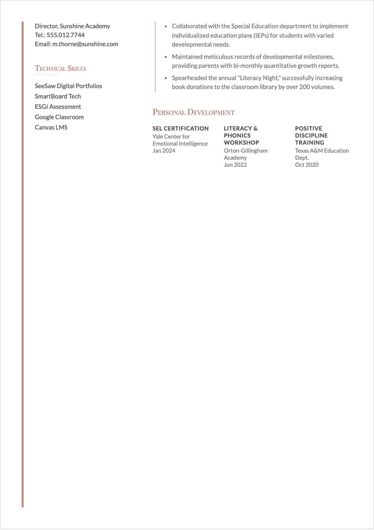 Free Kindergarten School Teacher ATS Resume Template