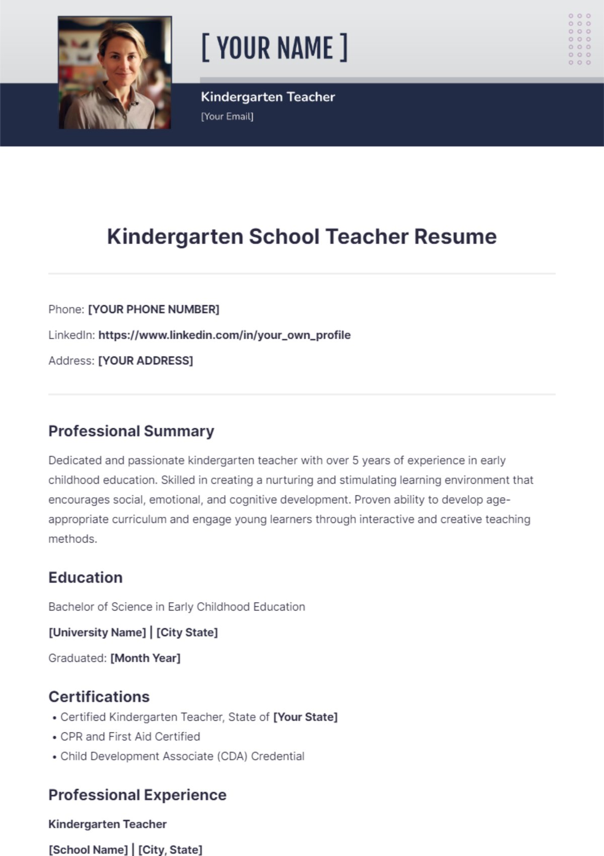 Kindergarten School Teacher Resume - Edit Online & Download