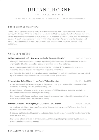 Free Law Librarian ATS Resume Template, AI Resume Builder