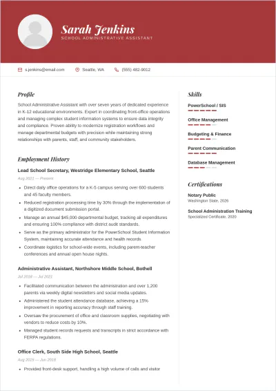 Free School Administrative Assistant ATS Resume Template
