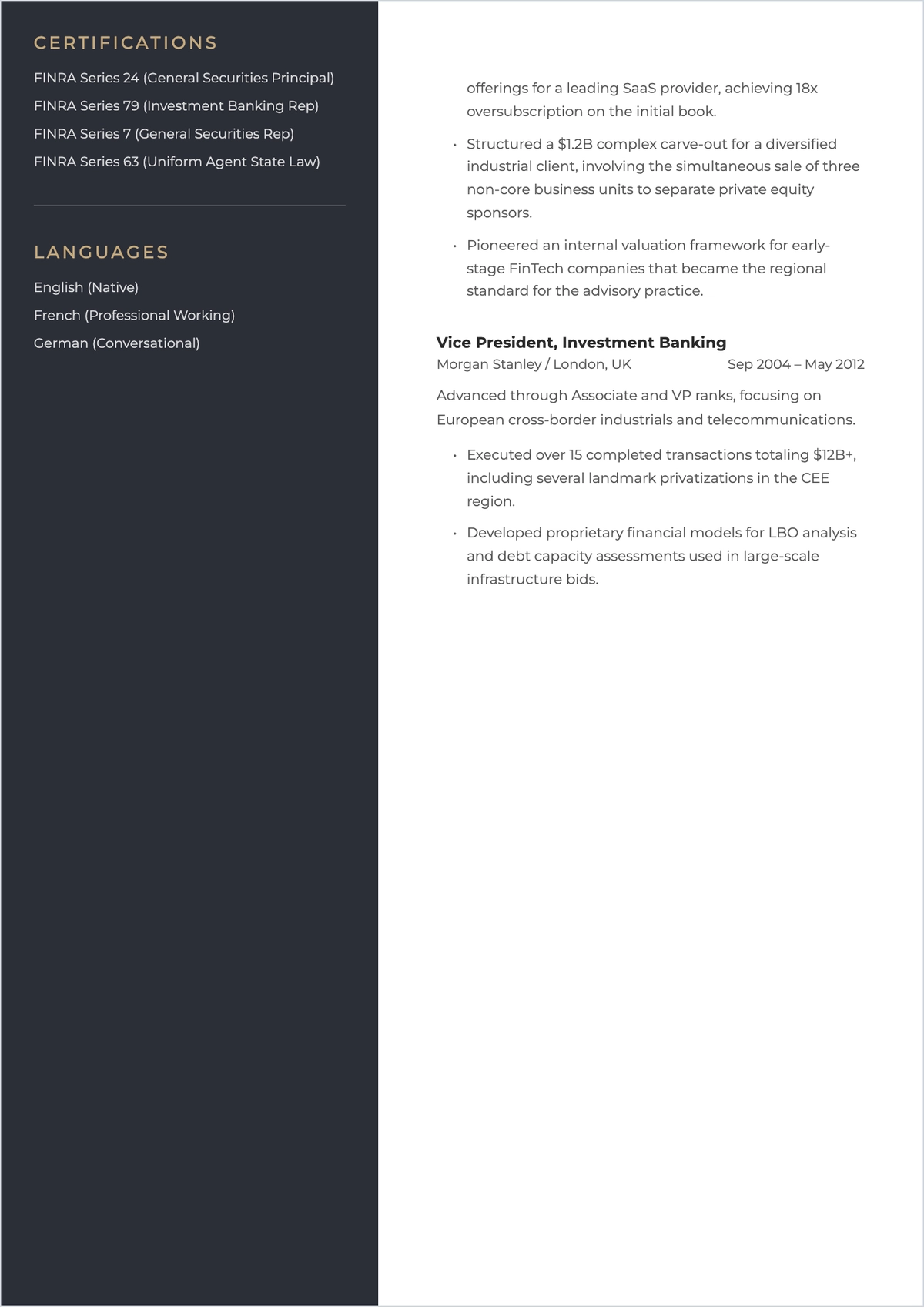 Free Managing Director Investment Banking ATS Resume Template