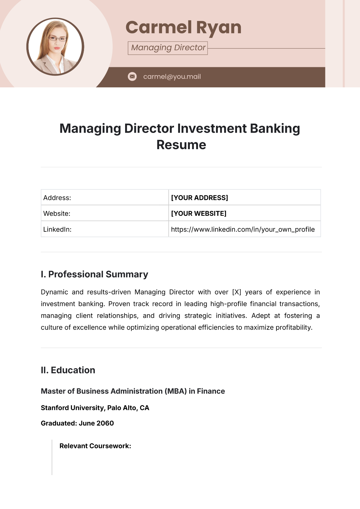 Managing Director Investment Banking Resume Template - Edit Online & Download