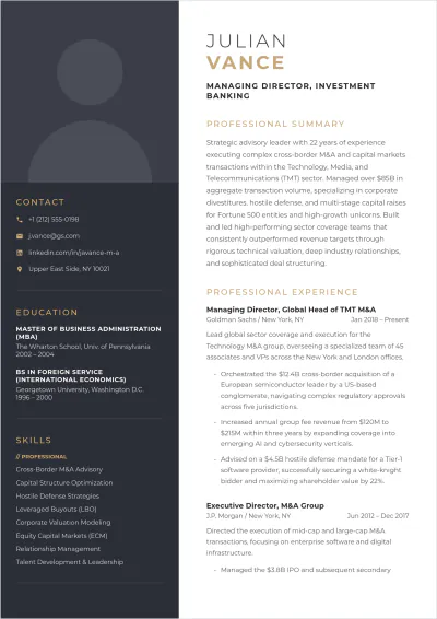 Free Managing Director Investment Banking ATS Resume Template