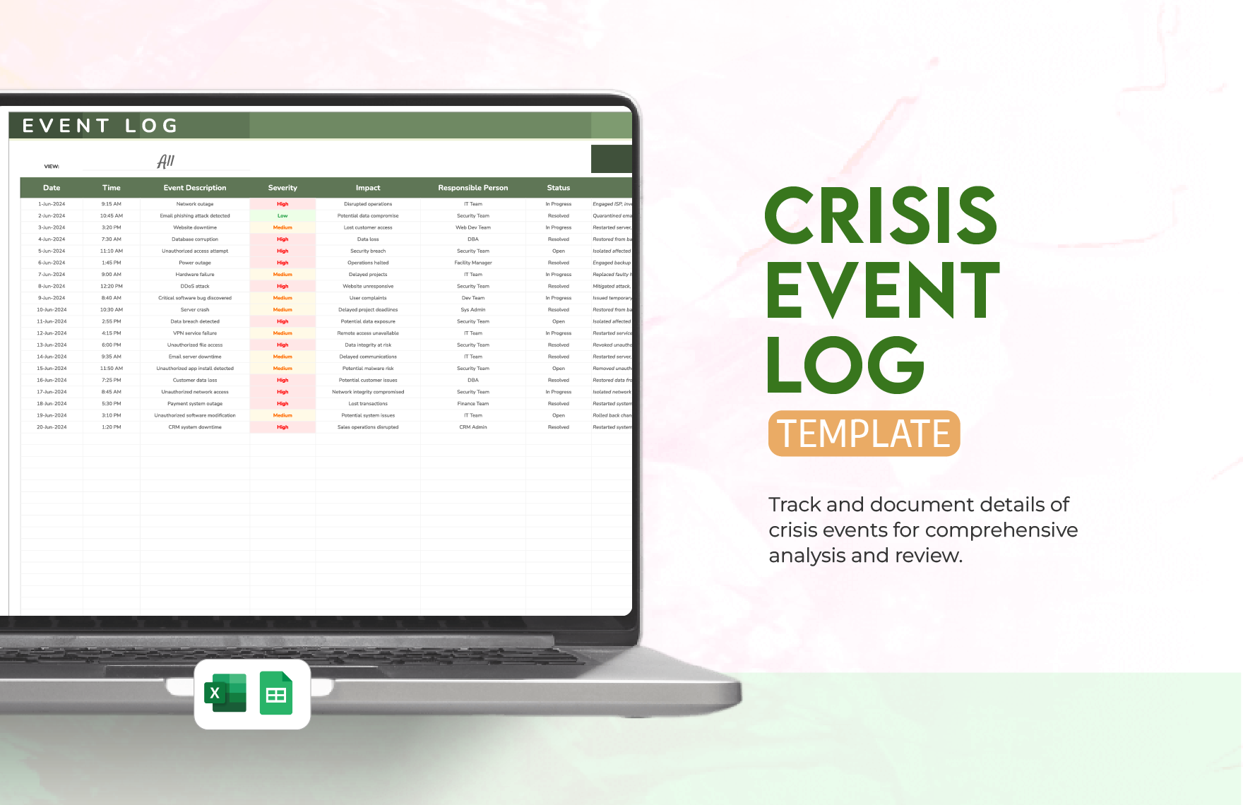 Crisis Event Log Template in Excel, Google Sheets
