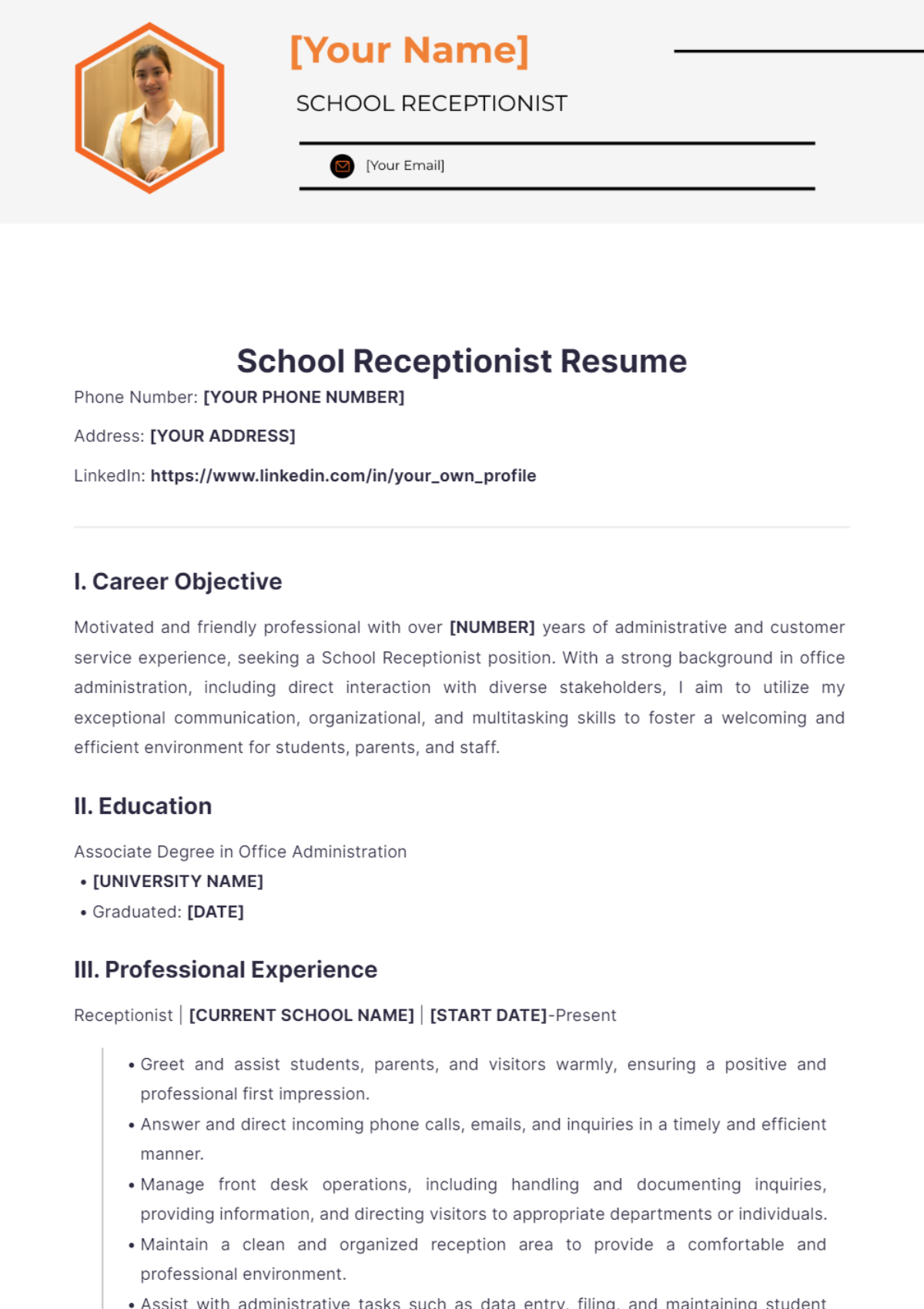 School Receptionist Resume - Edit Online & Download