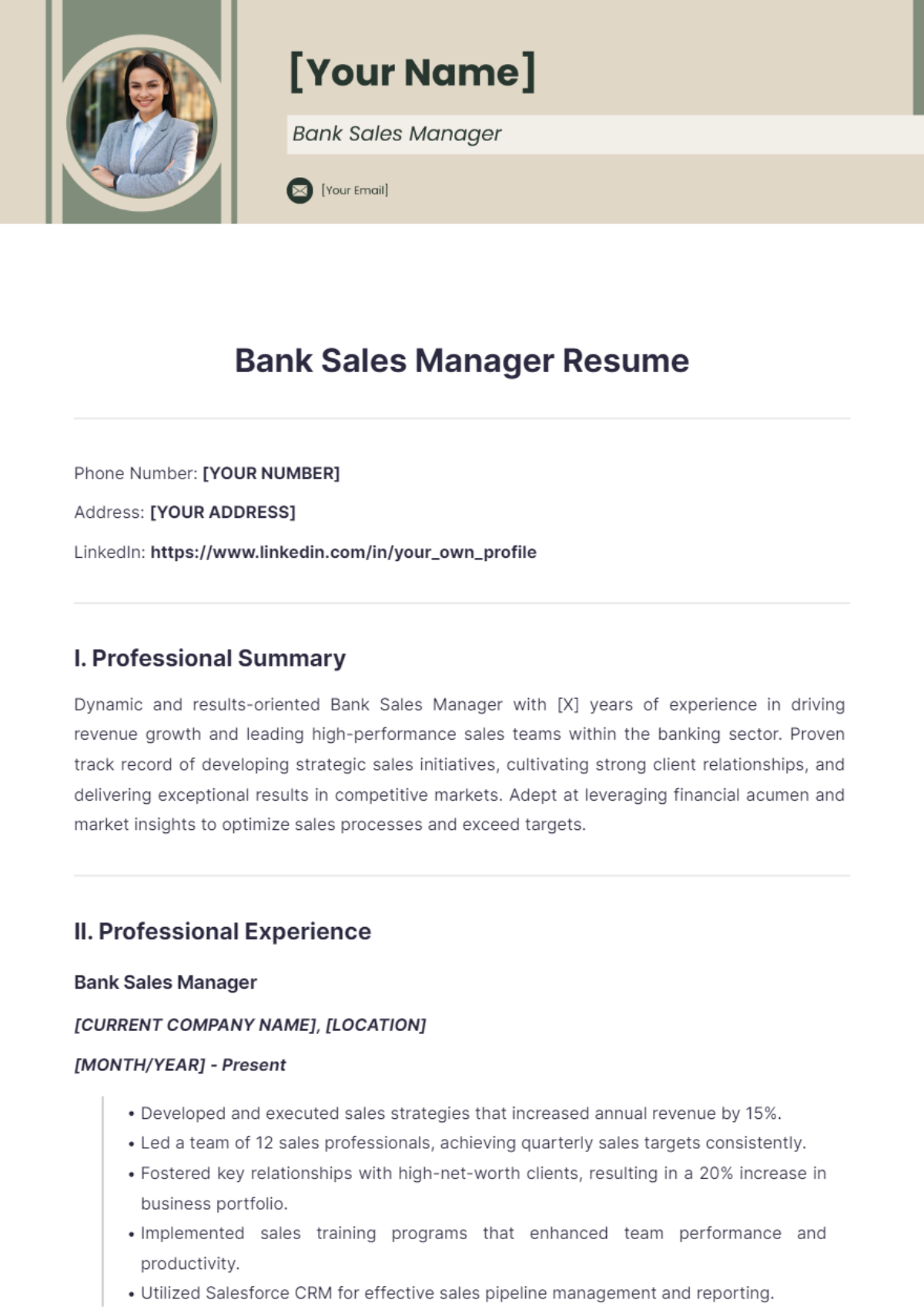 Free Bank Sales Manager Resume Template - Edit Online & Download ...