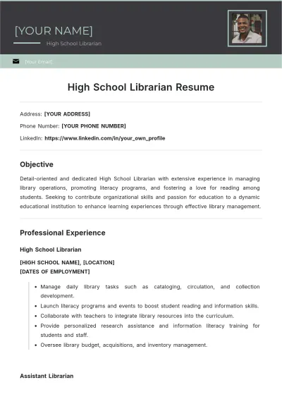 Free High School Librarian ATS Resume Template, AI Resume Builder