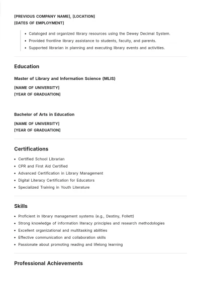 Free High School Librarian ATS Resume Template, AI Resume Builder
