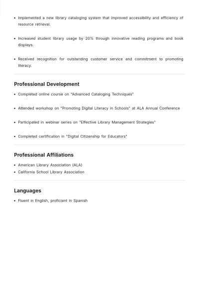 Free High School Librarian ATS Resume Template, AI Resume Builder