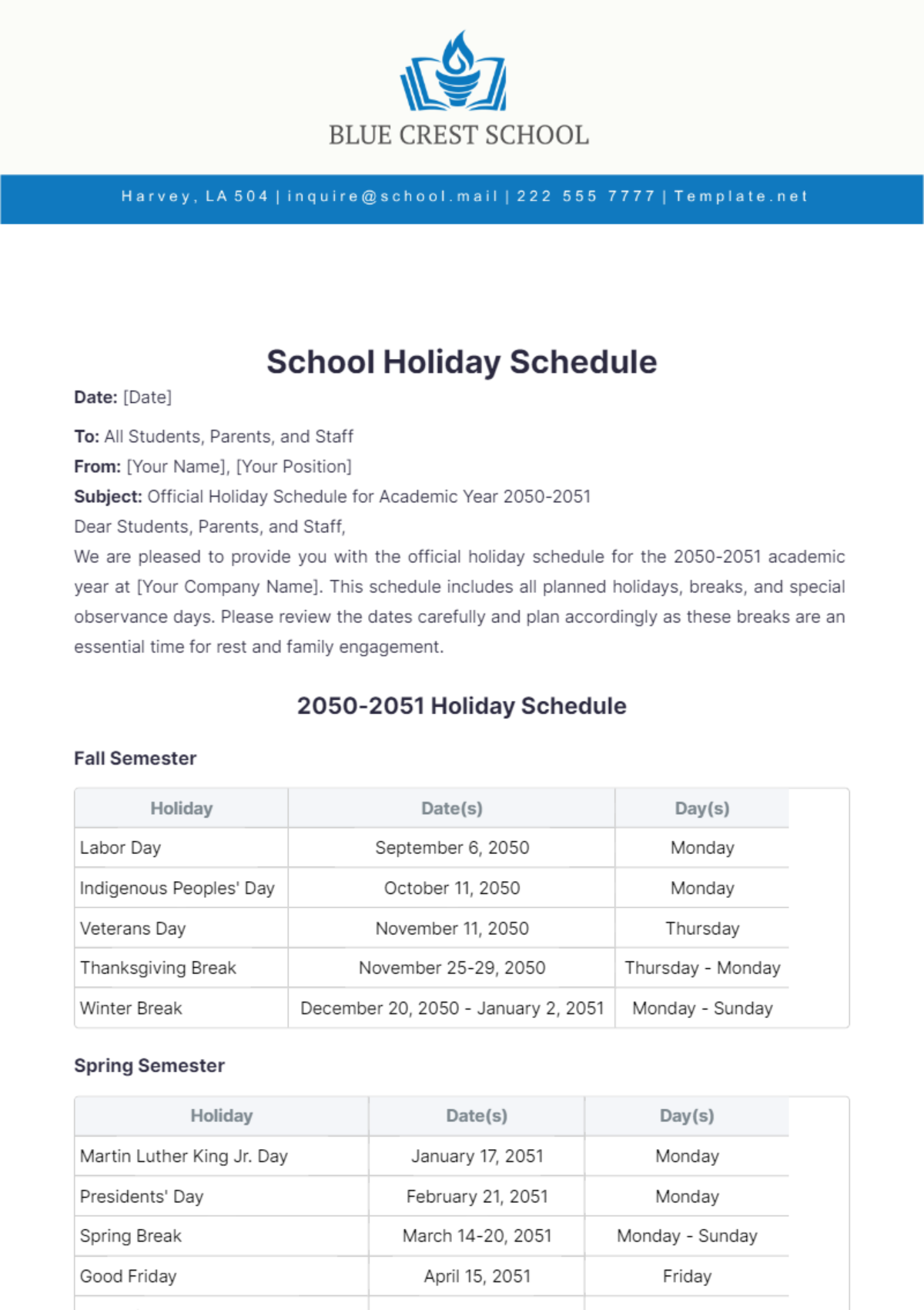 School Holiday Schedule Template - Edit Online & Download