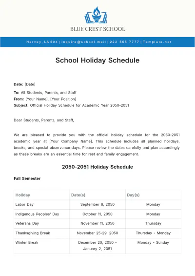 Free School Holiday Schedule Template to Edit Online