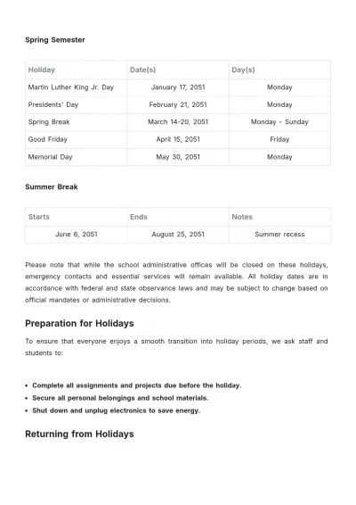 Free School Holiday Schedule Template to Edit Online