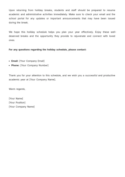 Free School Holiday Schedule Template to Edit Online