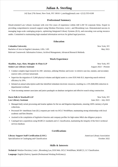 Free Law Library Assistant ATS Resume Template, AI Resume Builder