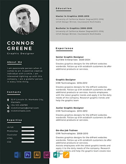 Experience Resume Template - Illustrator, InDesign, Word, Apple Pages, PSD, Publisher