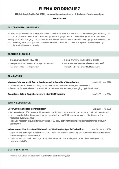Free Librarian ATS Resume Template, AI Resume Builder