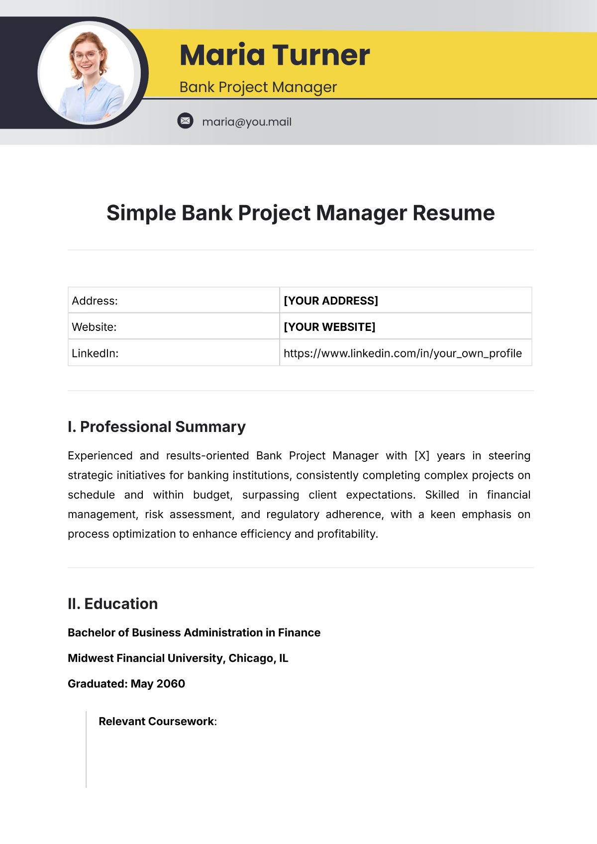 Simple Bank Project Manager Resume Template - Edit Online & Download