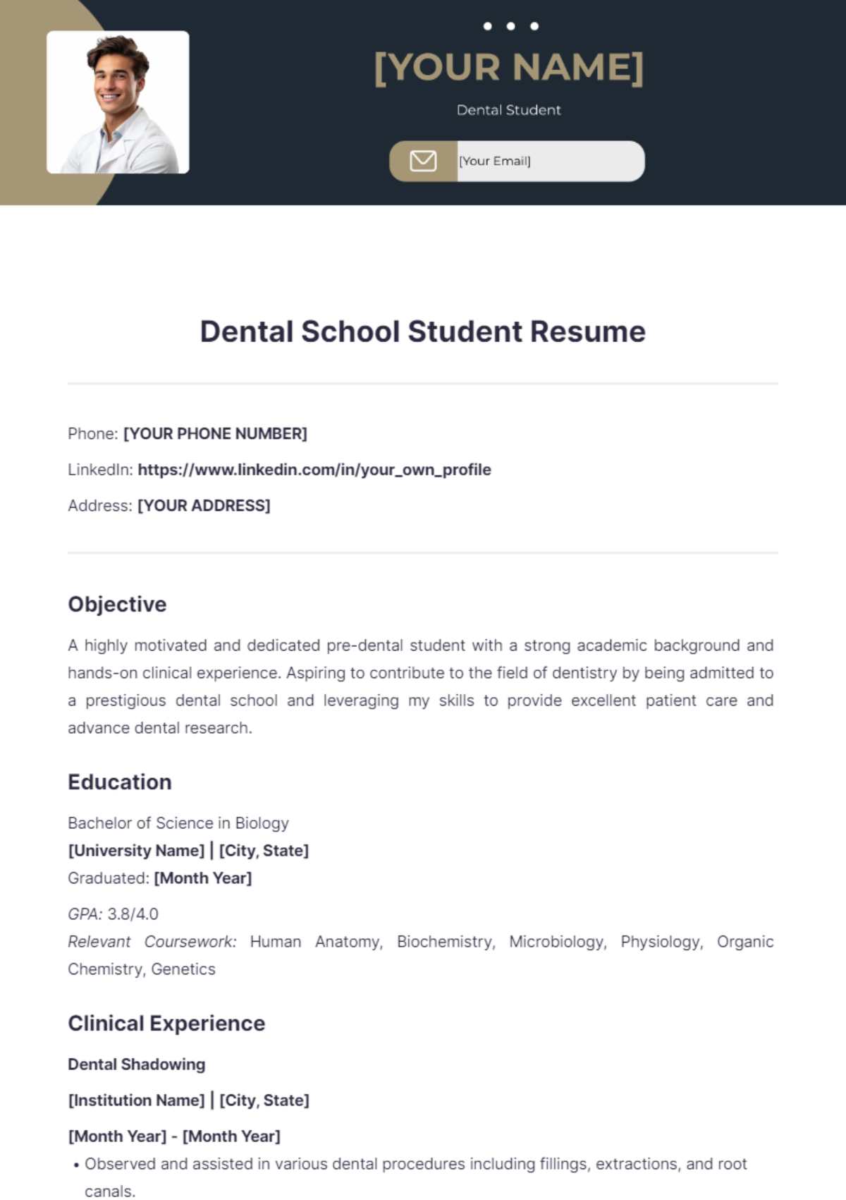 Free Dental School Student Resume Template - Edit Online & Download ...