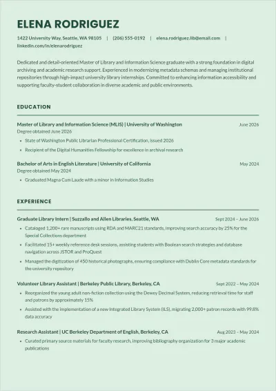 Free Resume For Librarian ATS Resume Template, AI Resume Builder