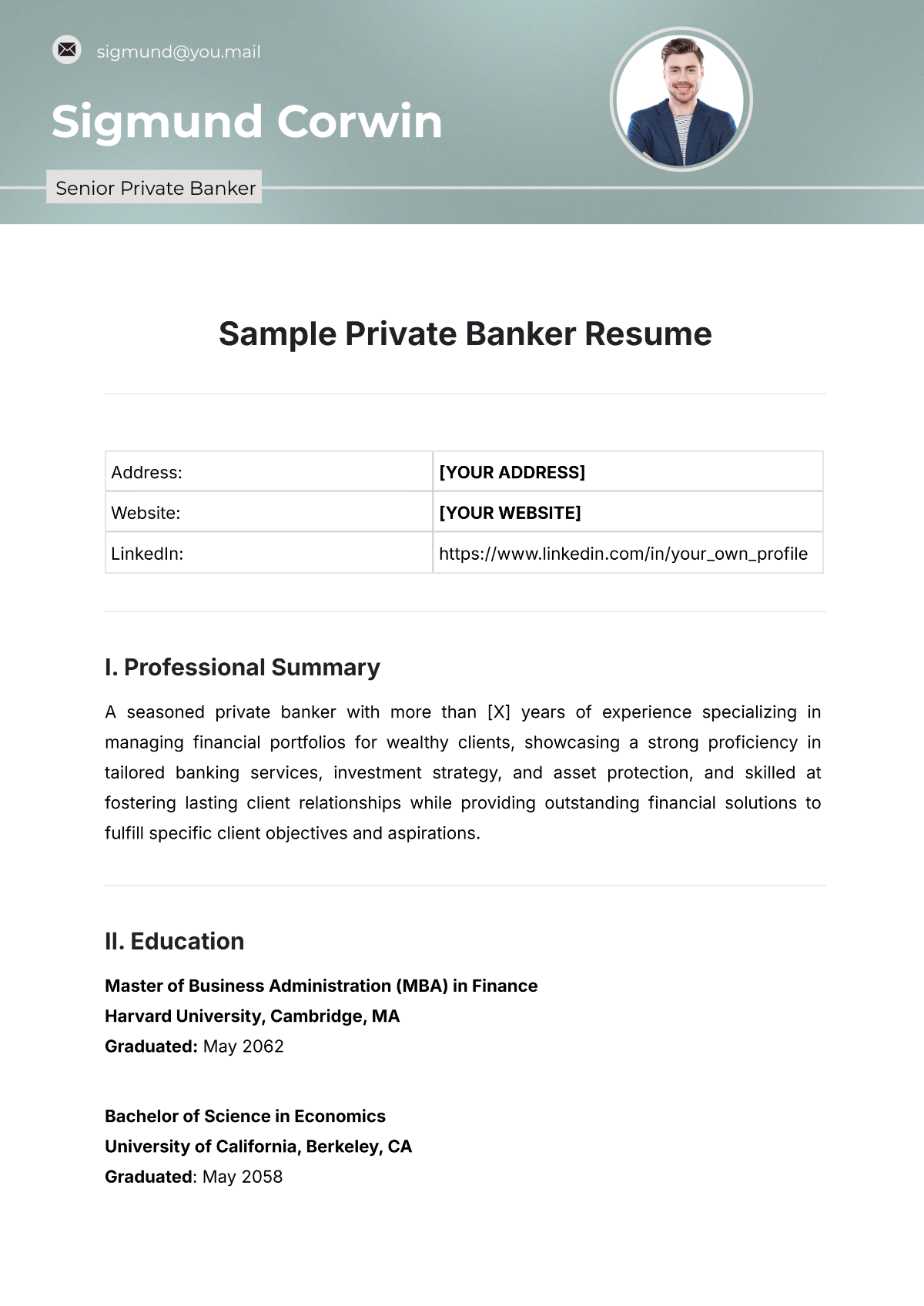 Sample Private Banker Resume Template - Edit Online & Download