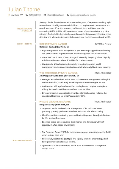 Free Sample Private Banker ATS Resume Template, AI Resume Builder