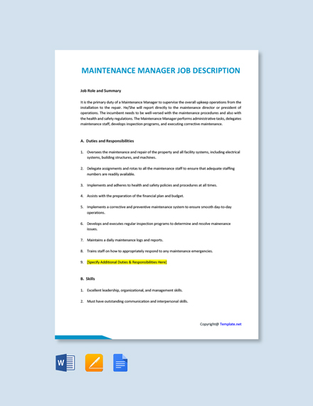 Free Maintenance Manager Job Description Word Google Doc Apple Mac Pages