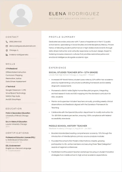 Free Public School Teacher ATS Resume Template, AI Resume Builder