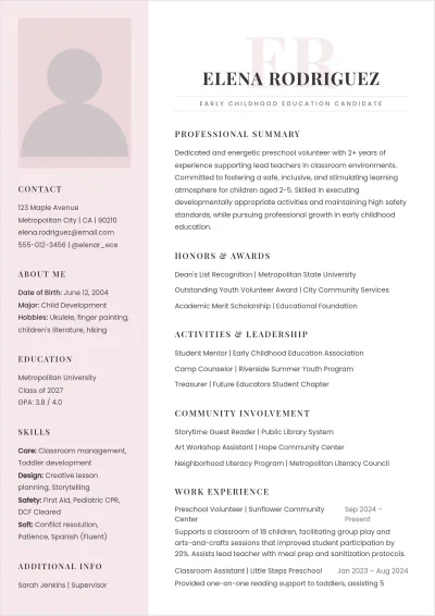 Free Preschool Volunteer ATS Resume Template, AI Resume Builder