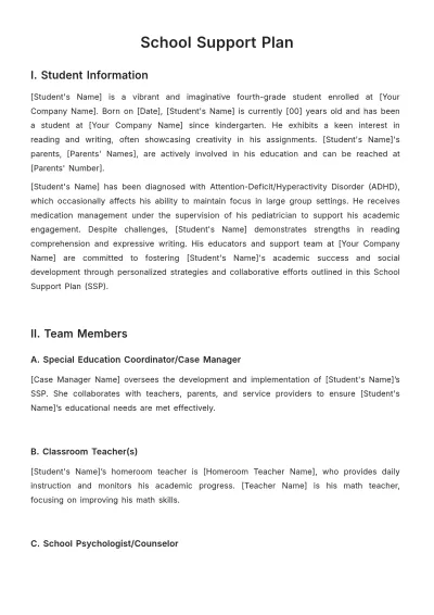 Free School Support Plan Template to Edit Online