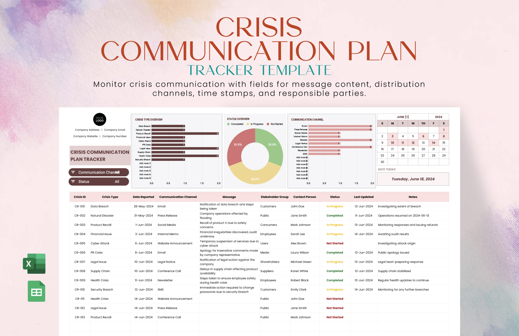 Crisis Communication Plan Tracker Template in Excel, Google Sheets