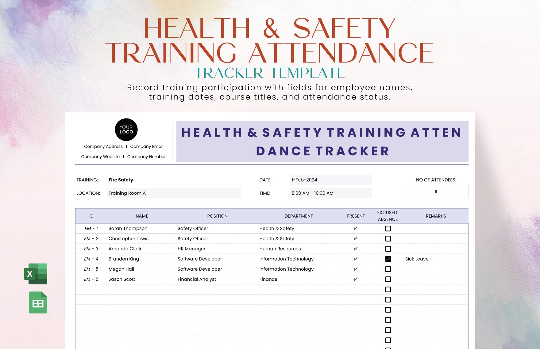 Health & Safety Training Attendance Tracker Template in Excel, Google Sheets