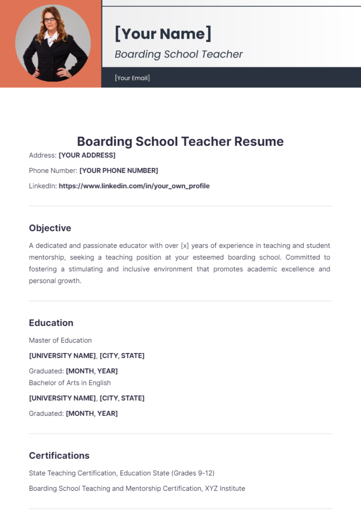 Boarding School Teacher Resume - Edit Online & Download