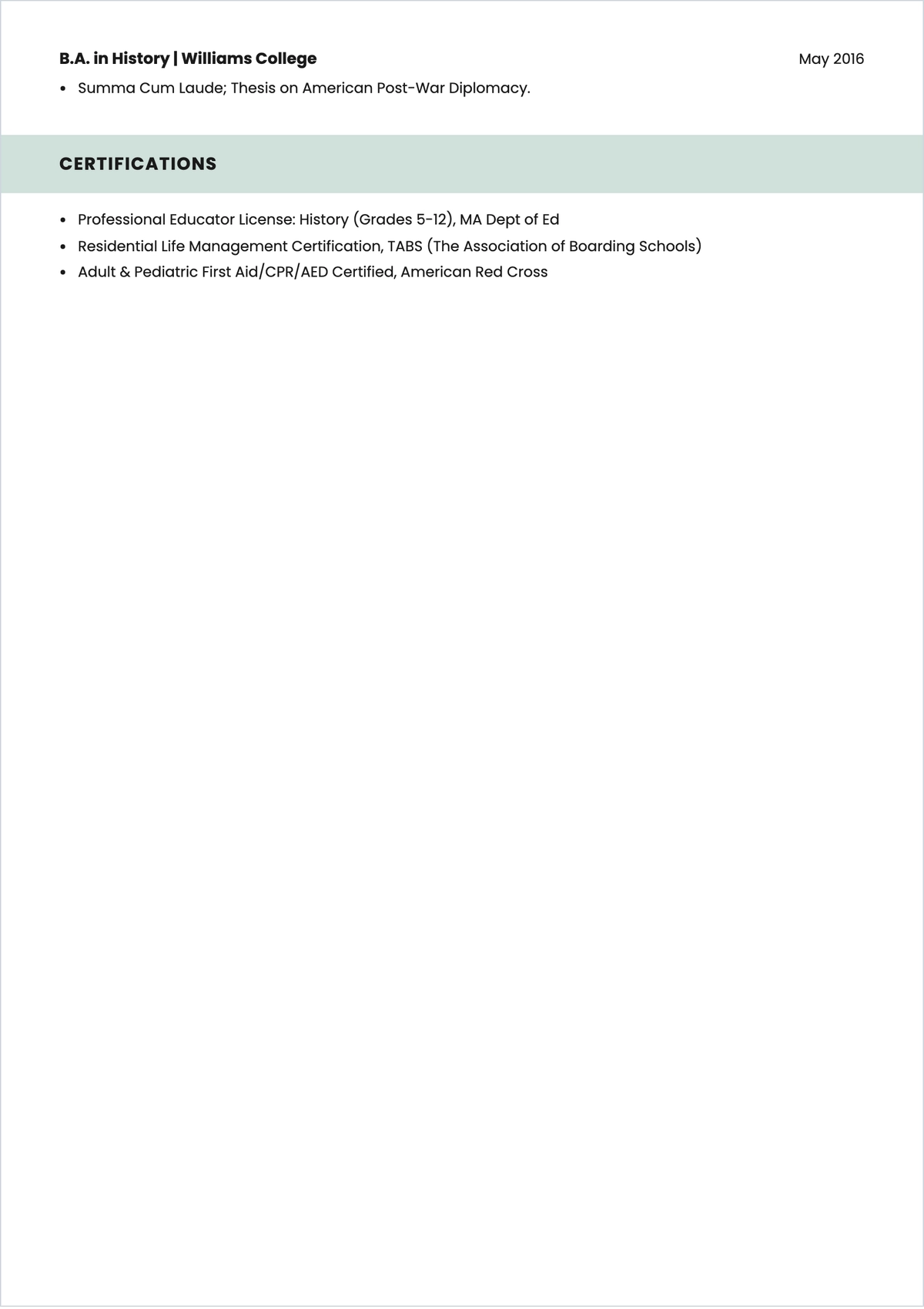 Free Boarding School Teacher ATS Resume Template, AI Resume Builder