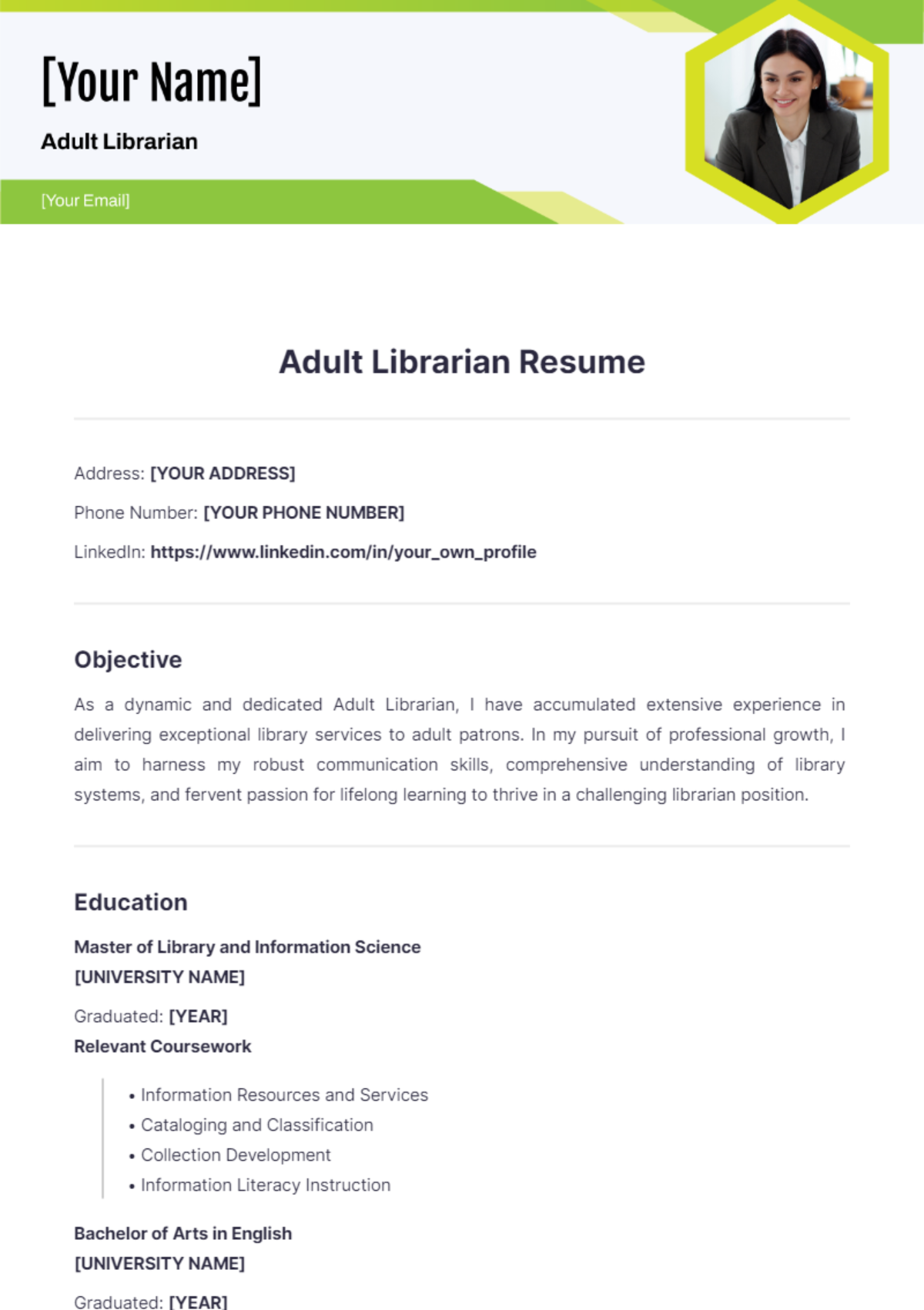 Adult Librarian Resume - Edit Online & Download