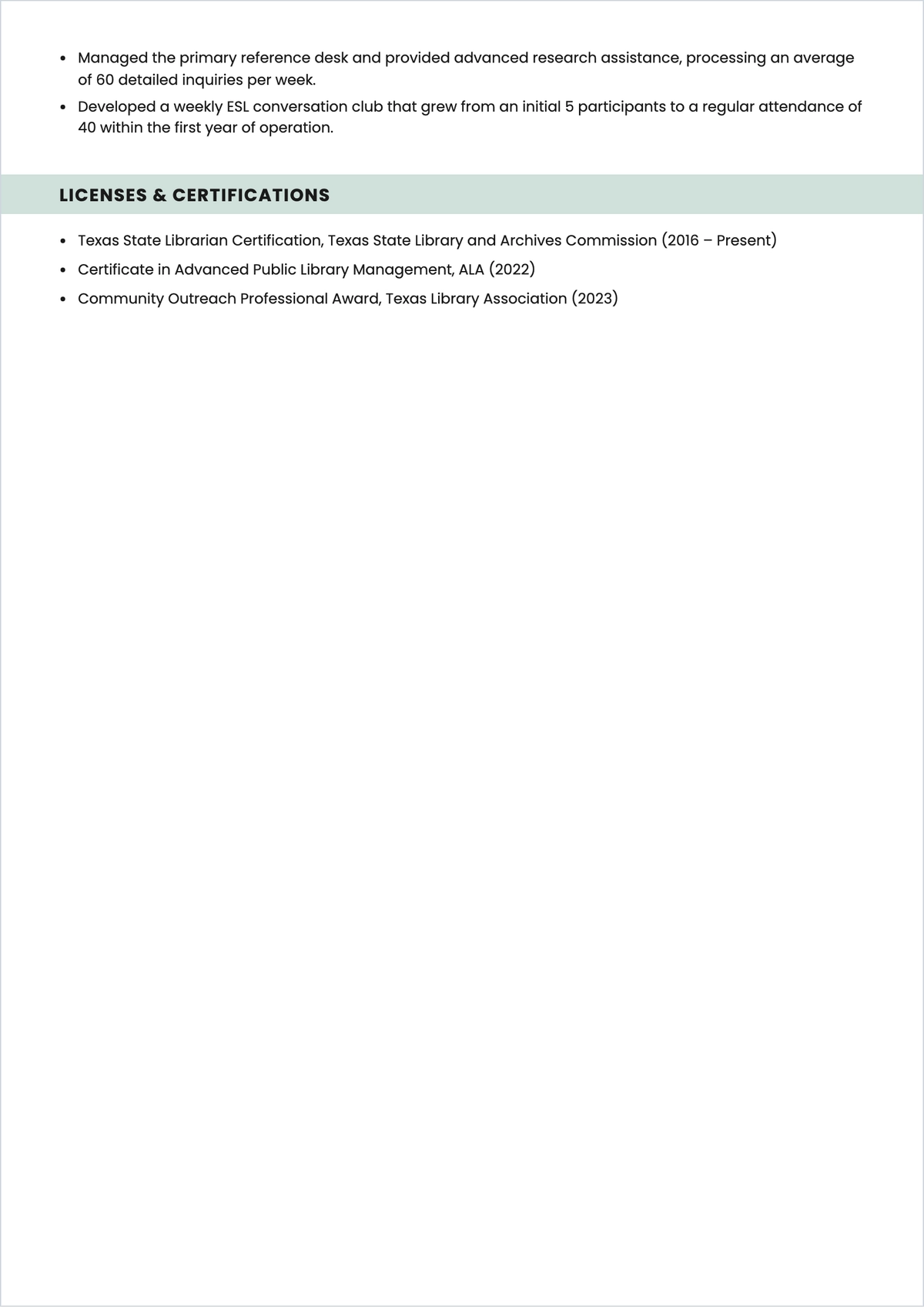 Free Adult Librarian ATS Resume Template, AI Resume Builder